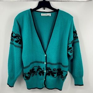 Vintage Jason Maxwell Cardigan Teal Black Made in Hong Kong Size Large